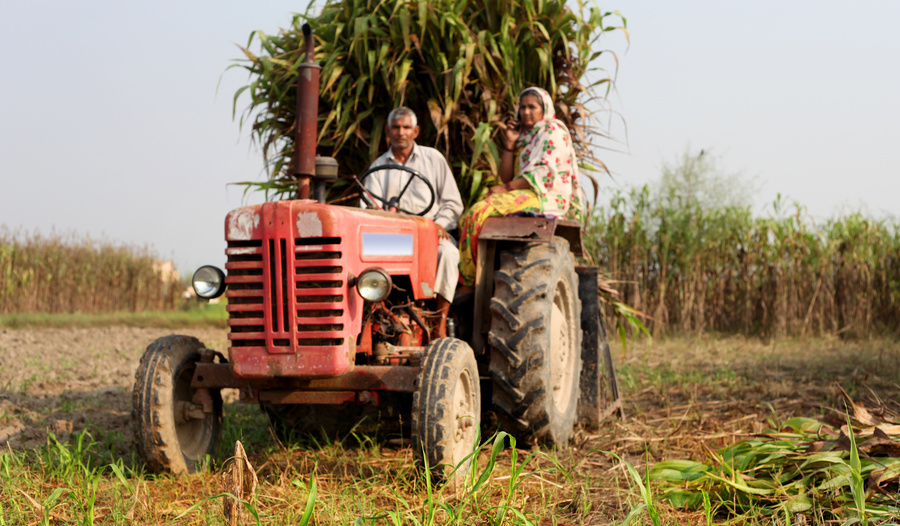 Farmer riding tractor